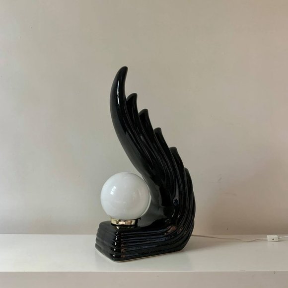 Mid Century Art Deco Wave Lamp in Black Glazed Ceramic - Picture 6 of 8